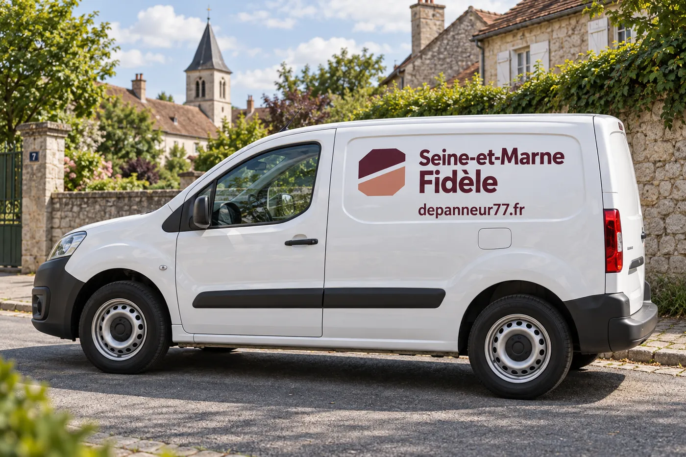 Camionnette blanche Seine-et-Marne Fidèle garée dans une rue de bourg en Seine-et-Marne