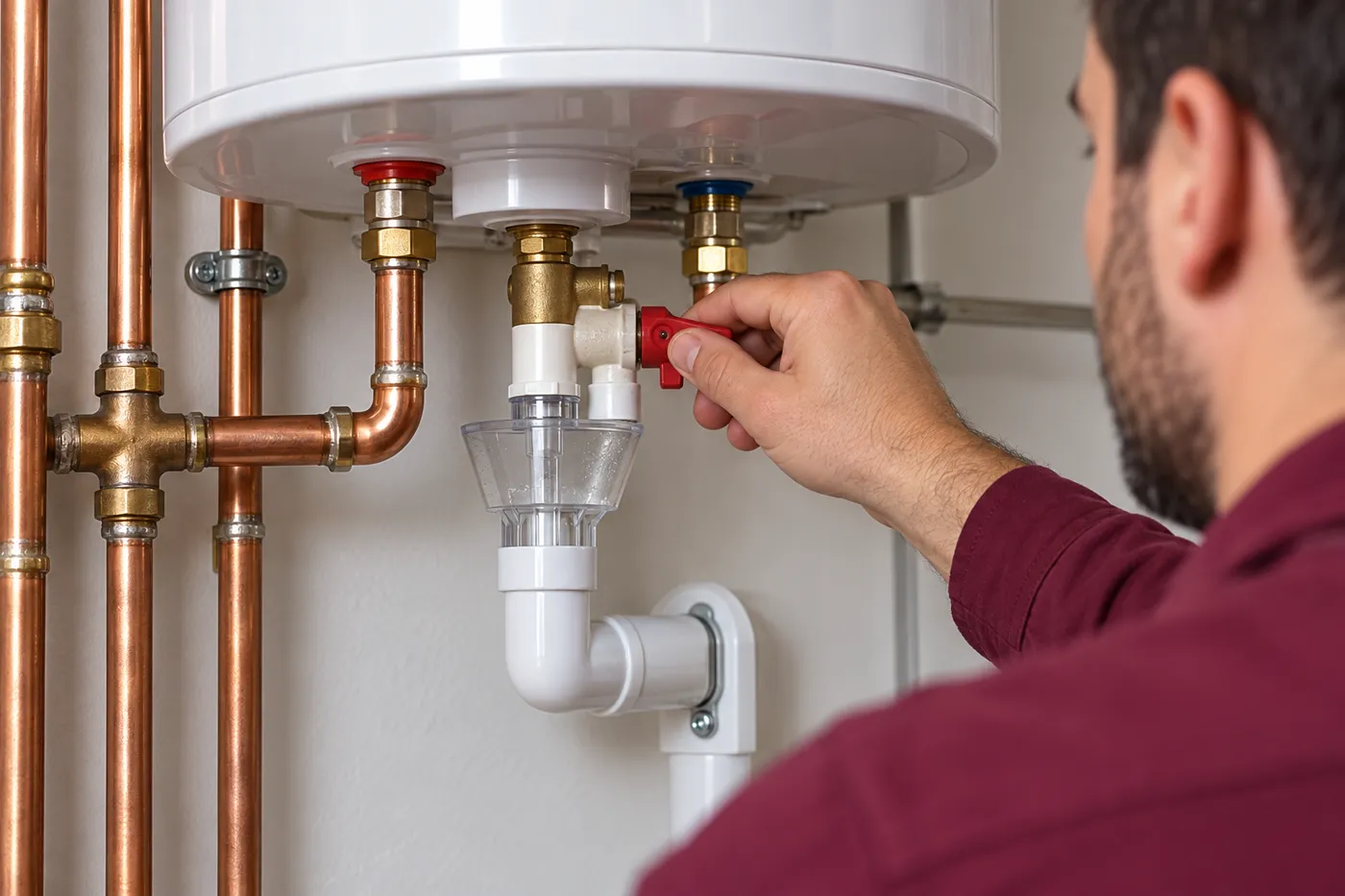 Contrôle du groupe de sécurité et de son siphon d'évacuation sous un chauffe-eau électrique
